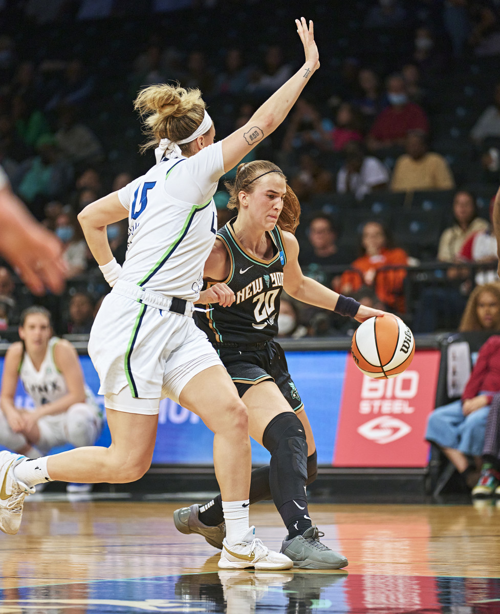 New York Liberty’s Sabrina Ionescu dribbles vs Minnesota Lynx at Barclays Center.